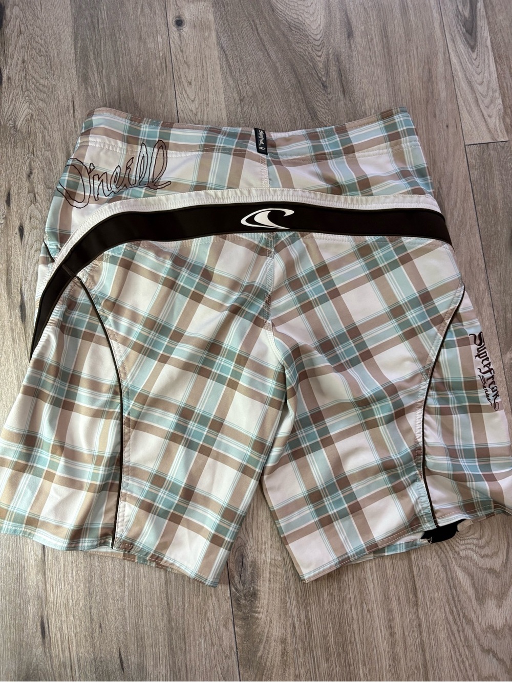 O'Neill Plaid Boardshorts in Tan, Light Blue and White